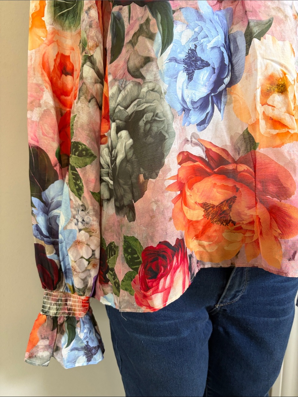 Alice and Olivia Norah Ruffle Peasant Top Cotton Silk Red Blue Floral Sz S - Picture 5 of 13